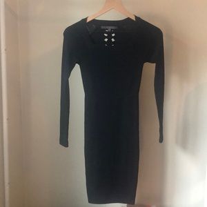 Guess Midi Bodycon Dress Black Fitted Long Sleeve Size Small
